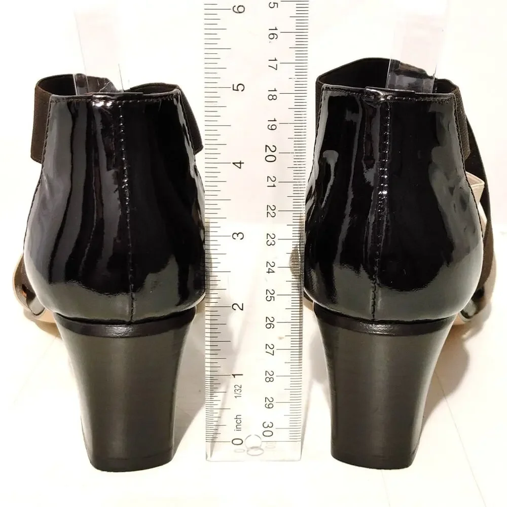 Amalfi by Rangoni Open Toe Strappy Sandals Block Heel Black Cream Tan Womens 8M